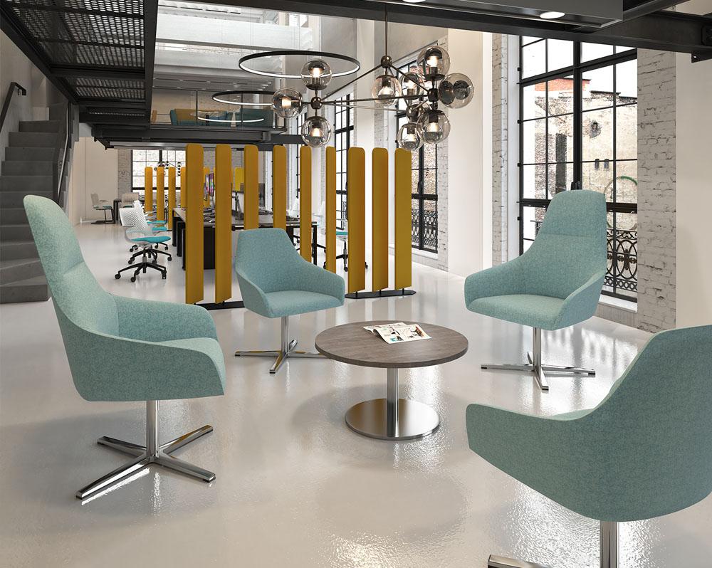 Four lounge chairs with 4 Star Steel Bases in green fabric, and a small circular coffee table