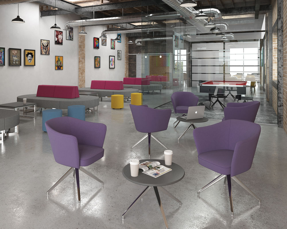 Lounge chairs in purple fabric and a pyramid steel base around a circular coffee table
