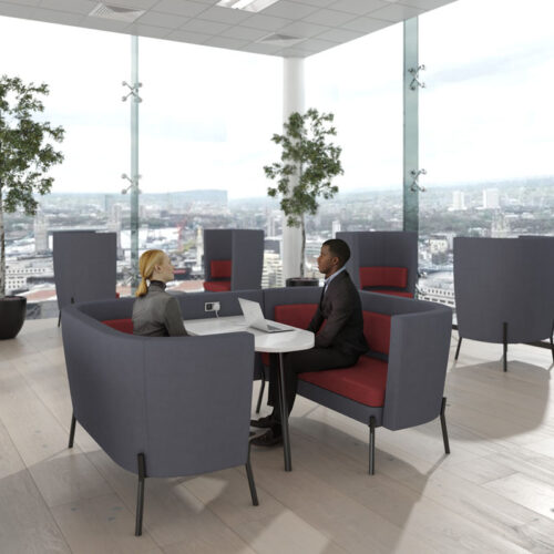 Low back and side meeting booths, in grey and red fabric