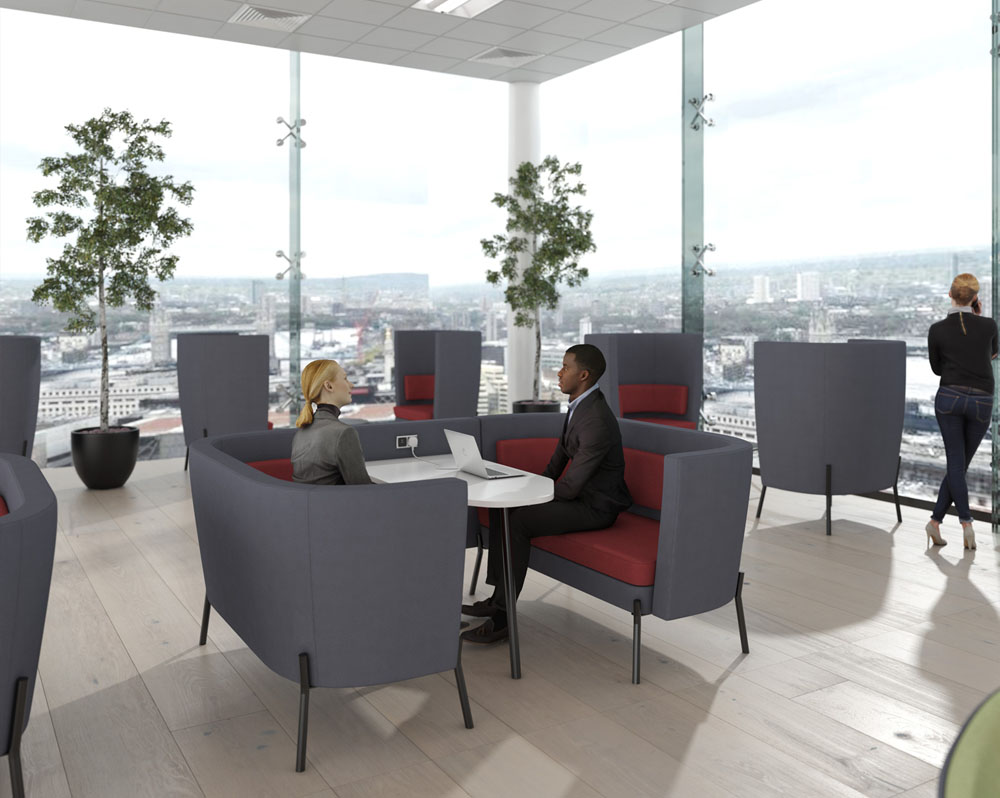 Low back and side meeting booths, in grey and red fabric