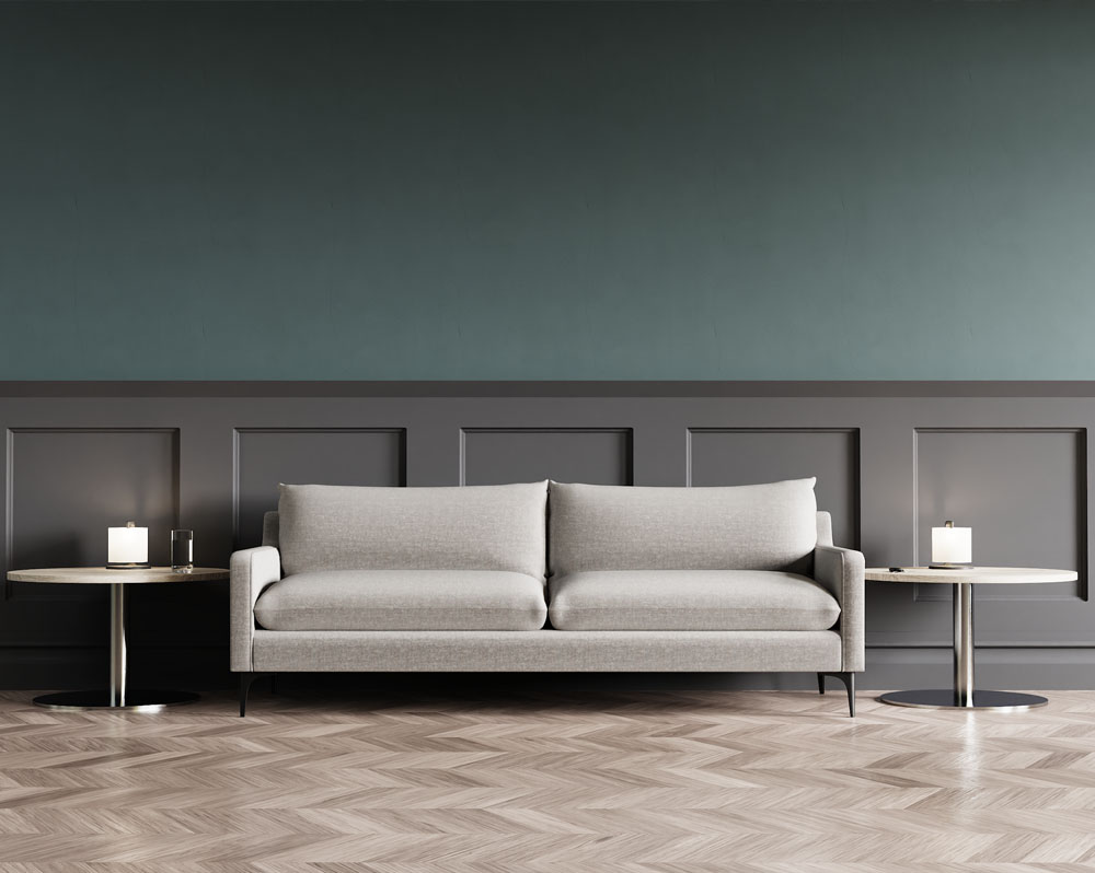 Low back reception sofa in grey fabric and two round coffee tables