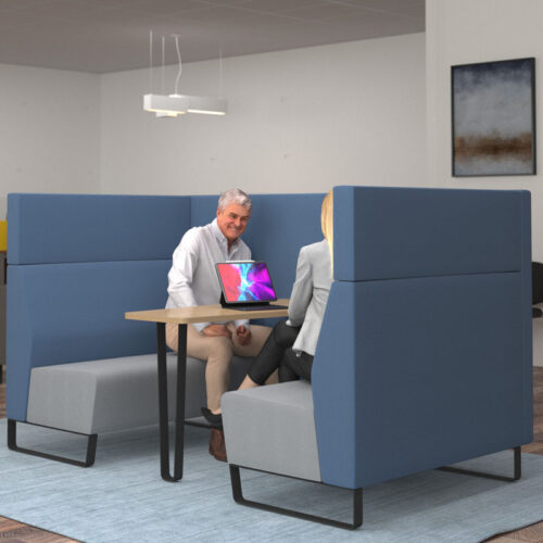 Meeting booth in blue and grey fabric with black sled feet