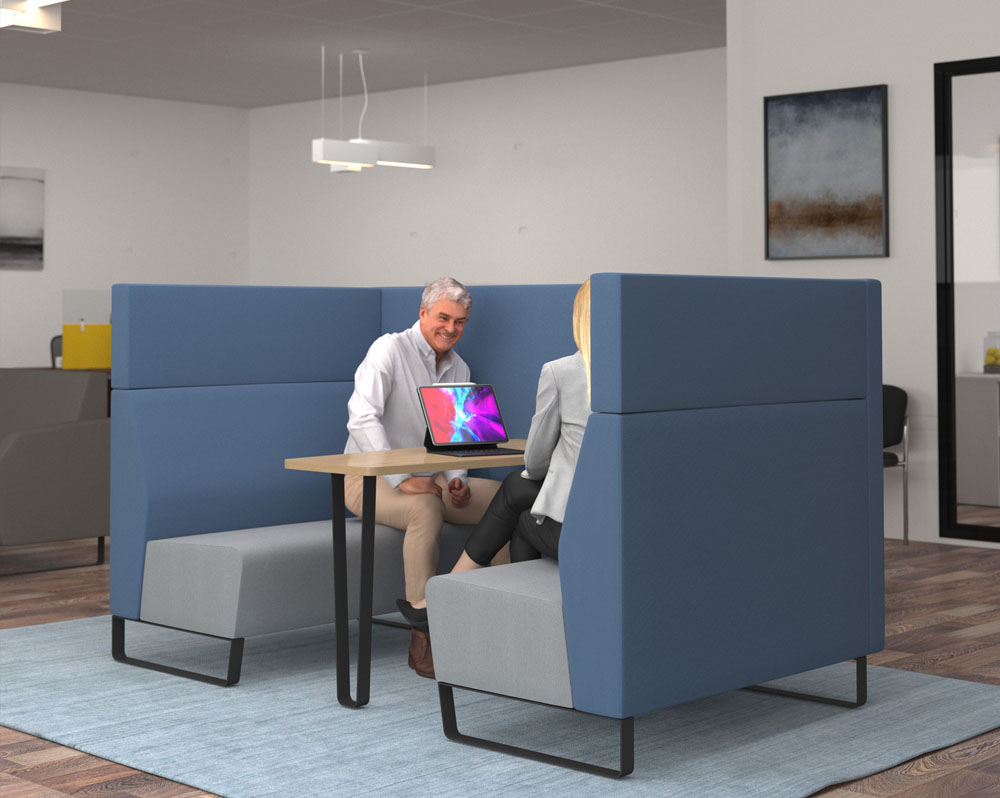 Meeting booth in blue and grey fabric with black sled feet
