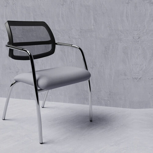 Meeting chairs with black floating mesh back and grey fabric seat