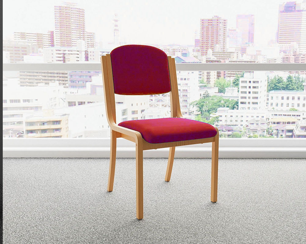 Meeting chair with wooden frame and red fabric