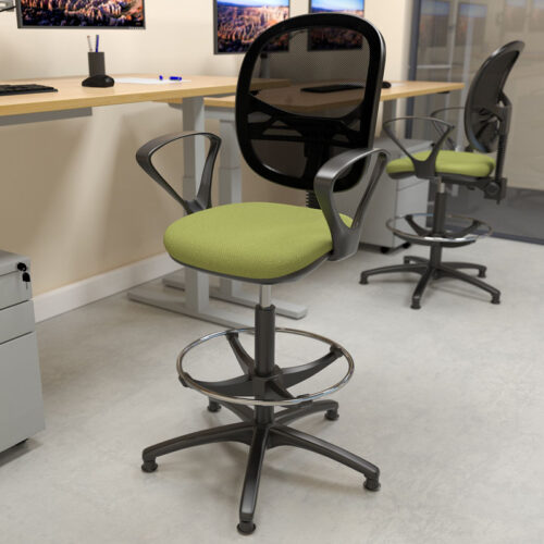 Mesh back draughtsman chairs, with green fabric seat and fixed arms