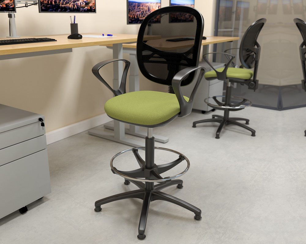 Mesh back draughtsman chairs, with green fabric seat and fixed arms