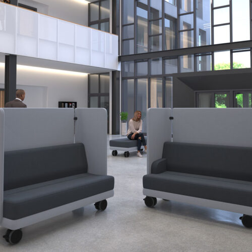 Two mobile reception chairs with wheels, in two tone grey fabric