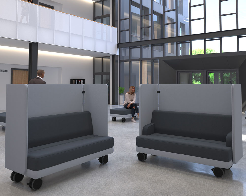 Two mobile reception chairs with wheels, in two tone grey fabric