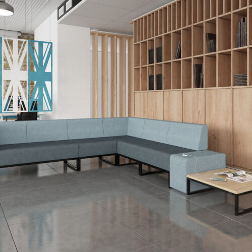 Modular commercial sofas in blue and grey fabric and black sled frame