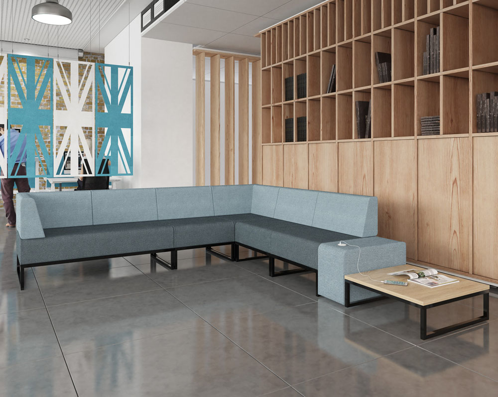 Modular commercial sofas in blue and grey fabric and black sled frame