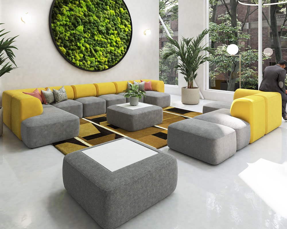 Modular breakout chairs in grey and yellow