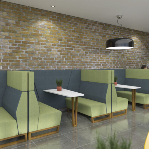Open side meeting booths in green and grey fabric, with white table