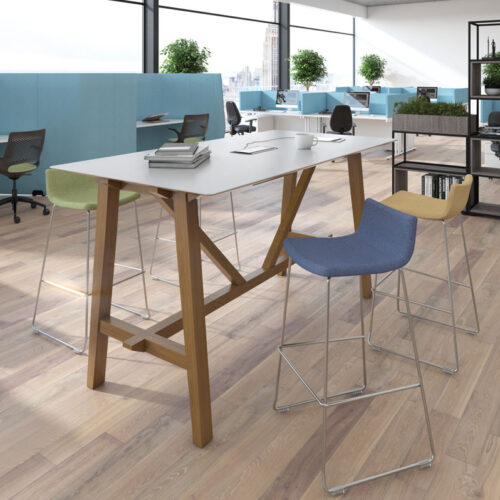 Fabric poseur stools with low back and sled frame. Plus a rectangular poseur table