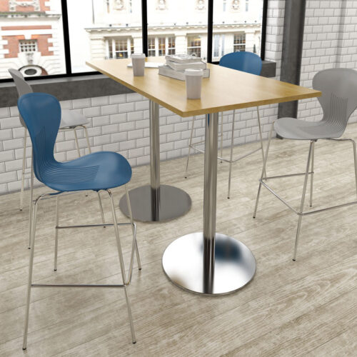 Poseur stools with a one piece shell in blue and grey, and a rectangular poseur table in beech