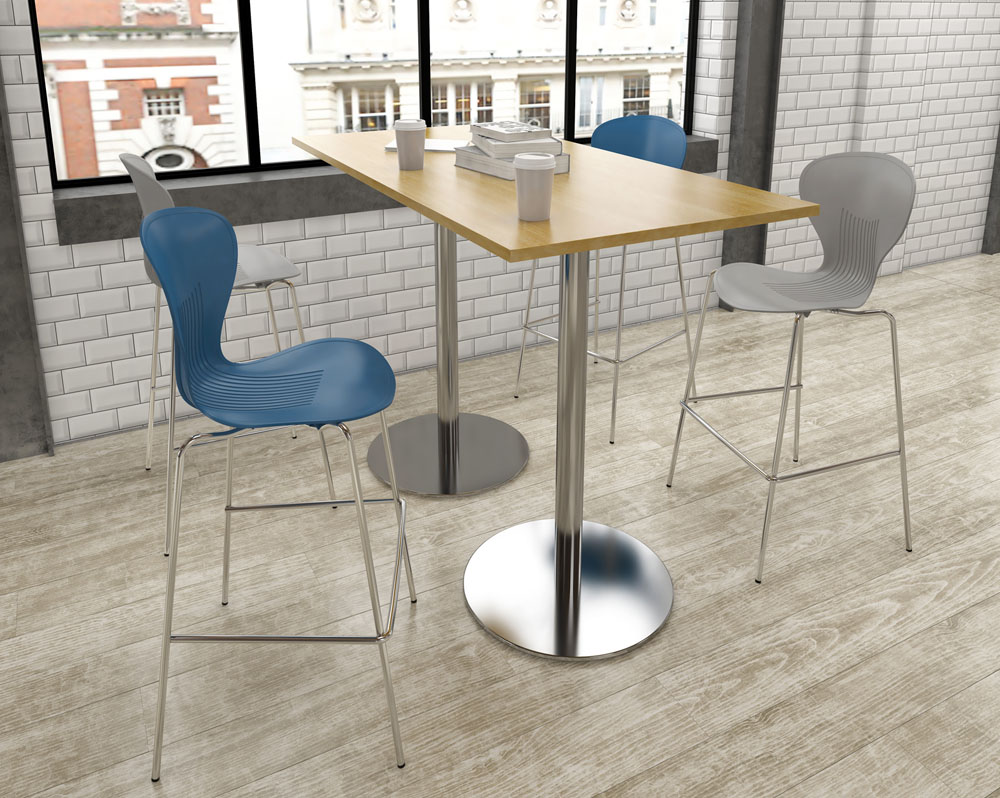 Poseur stools with a one piece shell in blue and grey, and a rectangular poseur table in beech
