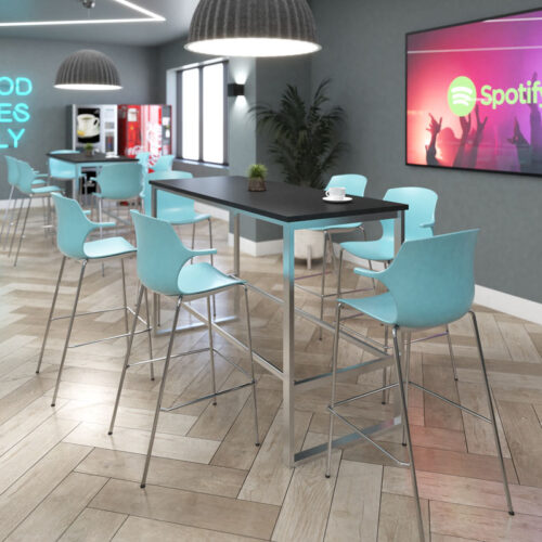 Poseur stools with a pale blue plastic shell, with arms, and a rectangular poseur table