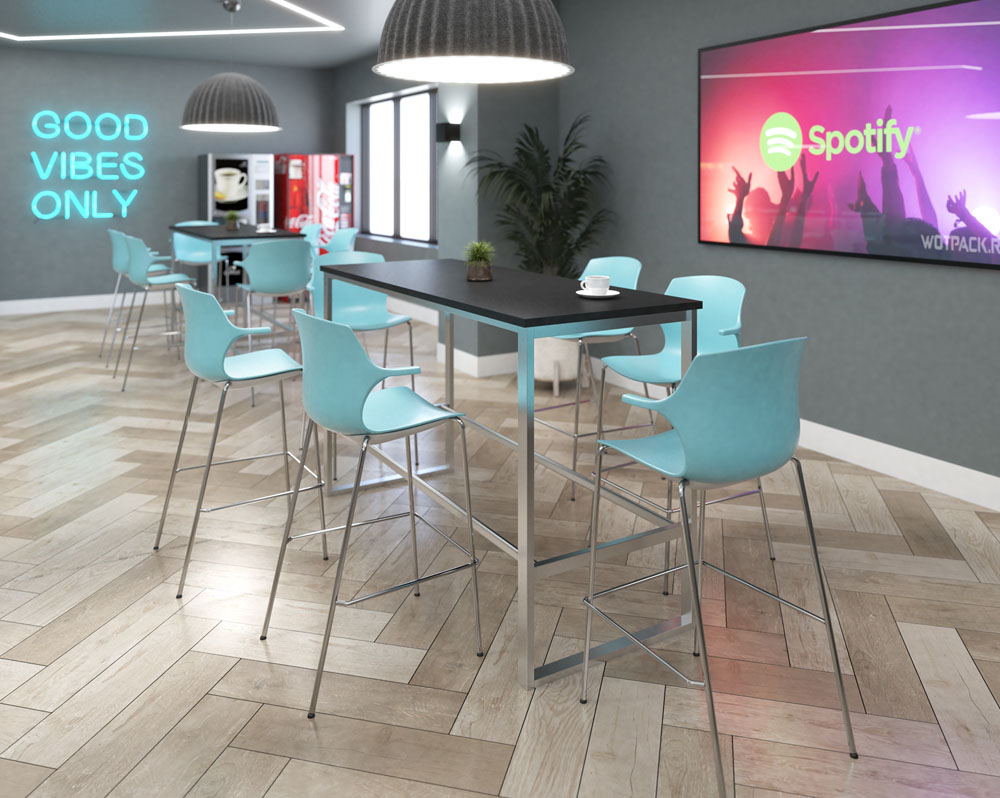 Poseur stools with a pale blue plastic shell, with arms, and a rectangular poseur table