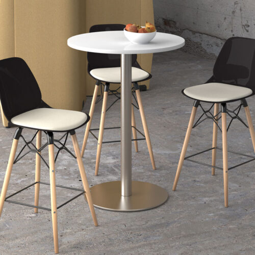 Three poseur stools in black fabric and with wooden legs, plus a circular poseur table