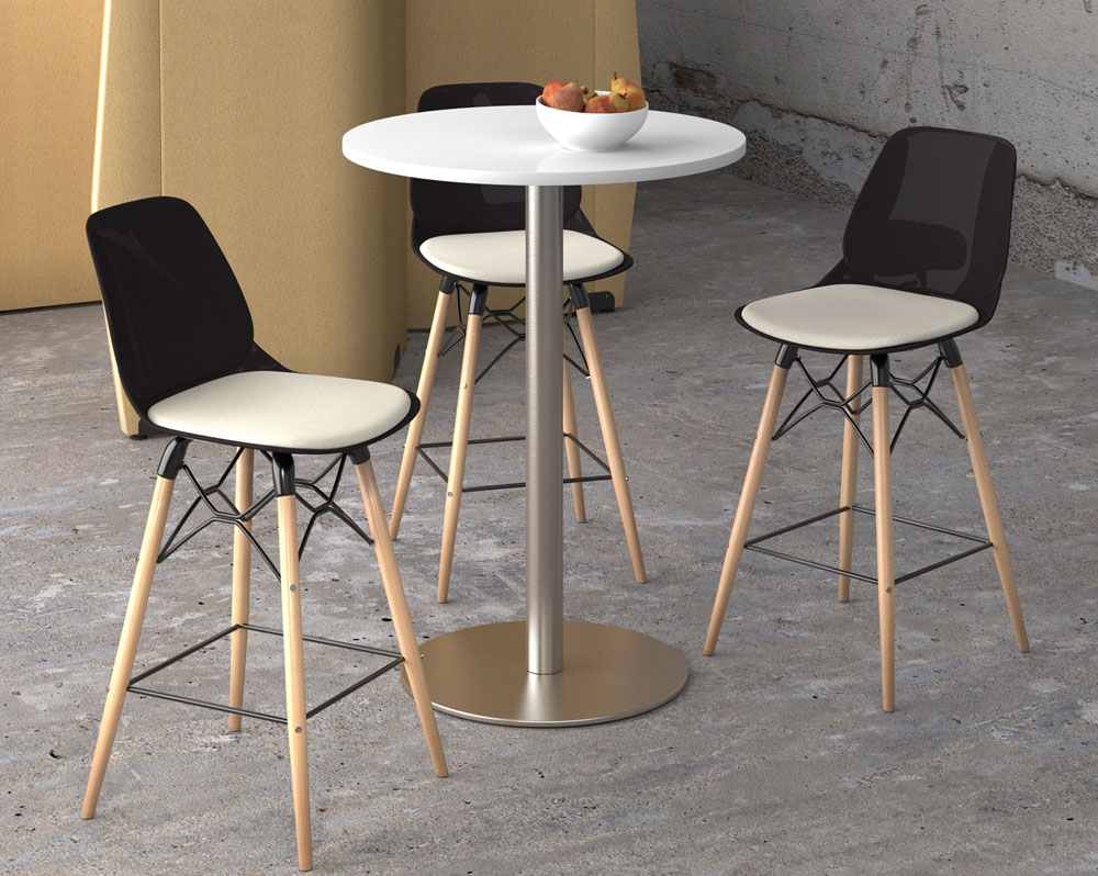 Three poseur stools in black fabric and with wooden legs, plus a circular poseur table