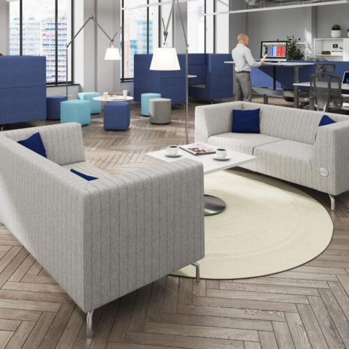 Reception chairs and sofas in grey fabric, with chrome metal feet