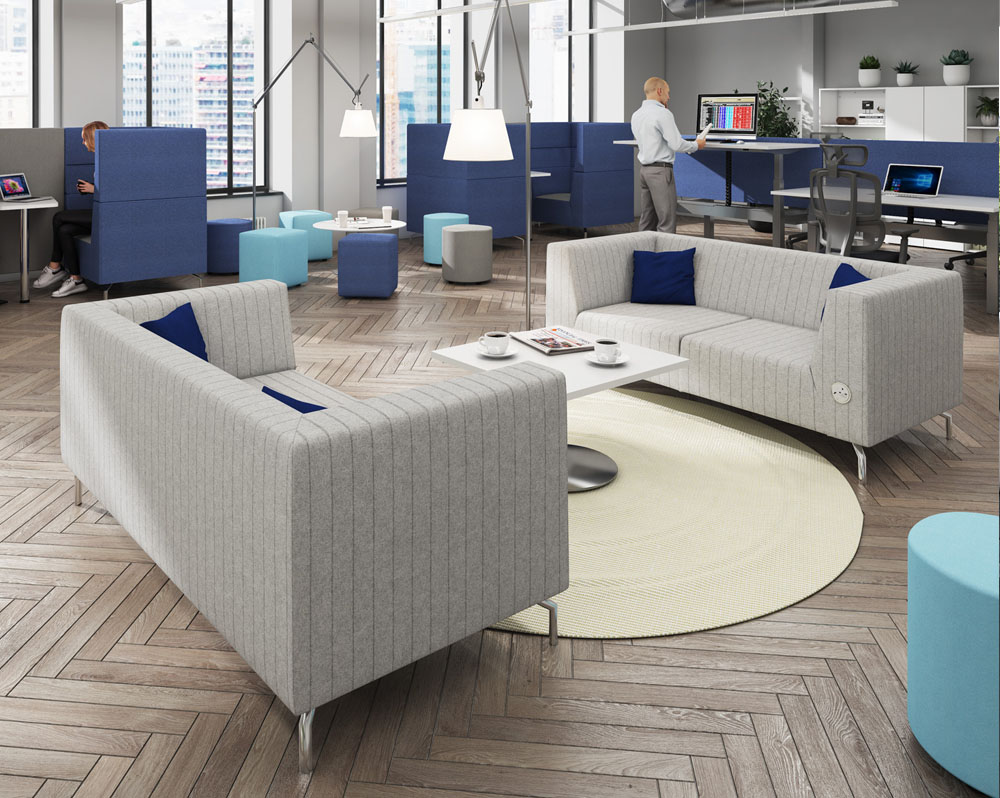 Reception chairs and sofas in grey fabric, with chrome metal feet