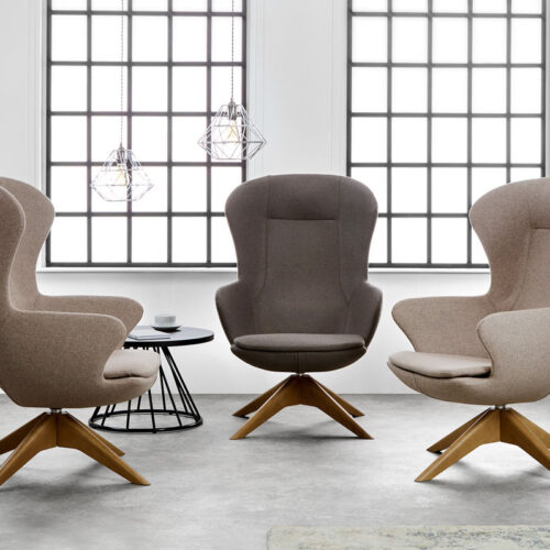 Three contemporary lounge reception chairs, with wooden base
