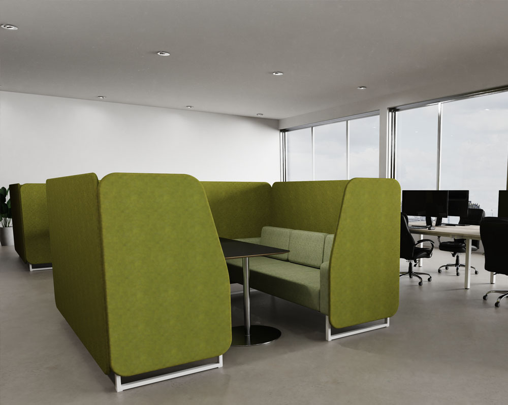Six seater meeting booth in green fabric and with white sled feet