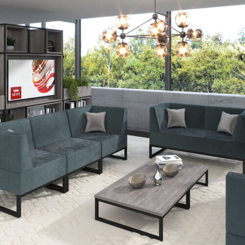Commercial sofas in green fabric and with black sled frame