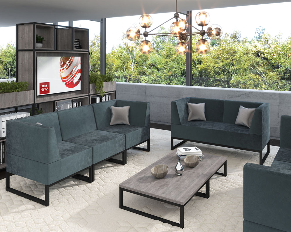 Commercial sofas in green fabric and with black sled frame