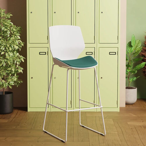 Poseur stool in white with chrome sled frame