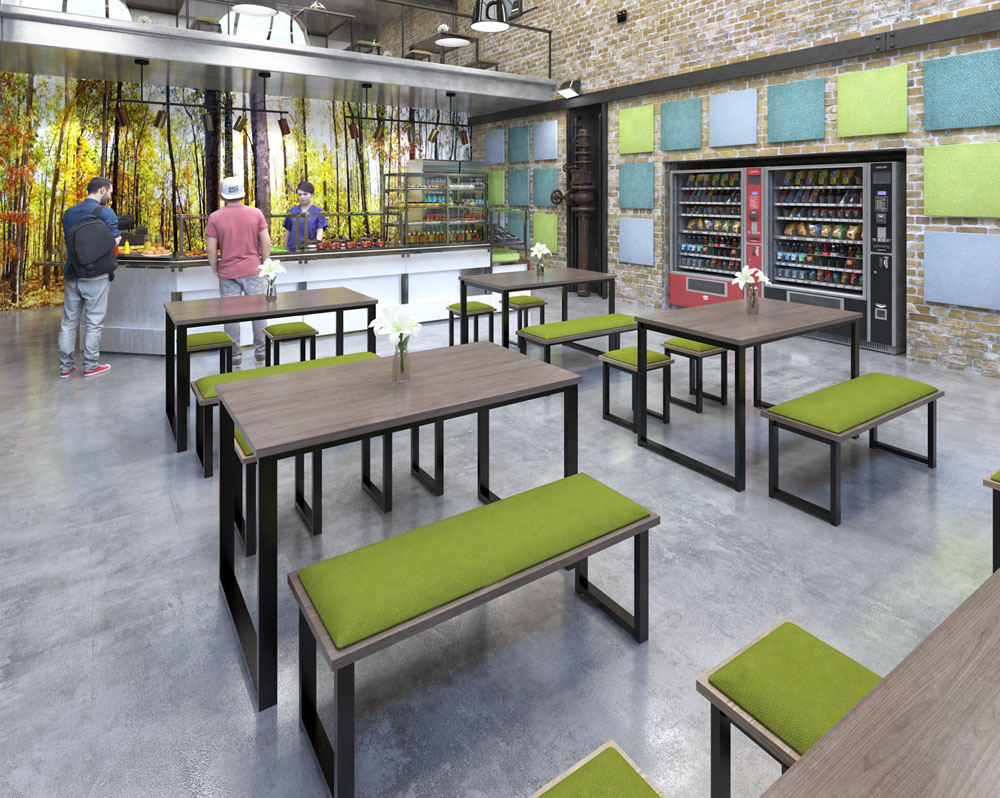 Social spaces bench seating and tables, with a sled frame