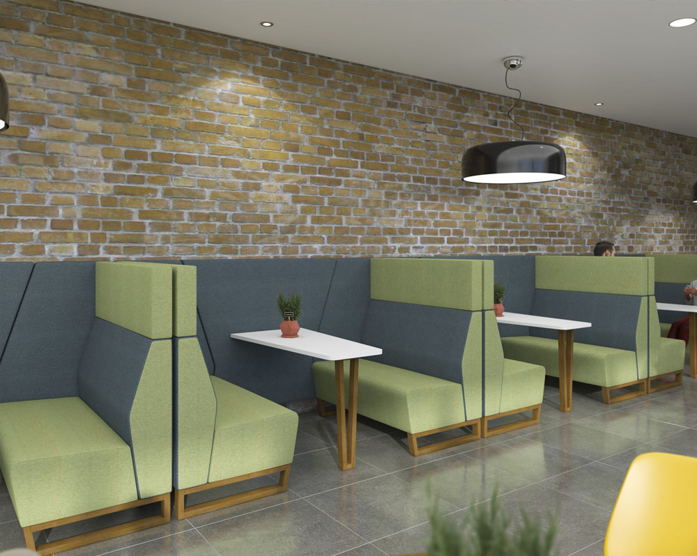 Social spaces dining booths in green and grey fabric in a large breakout space