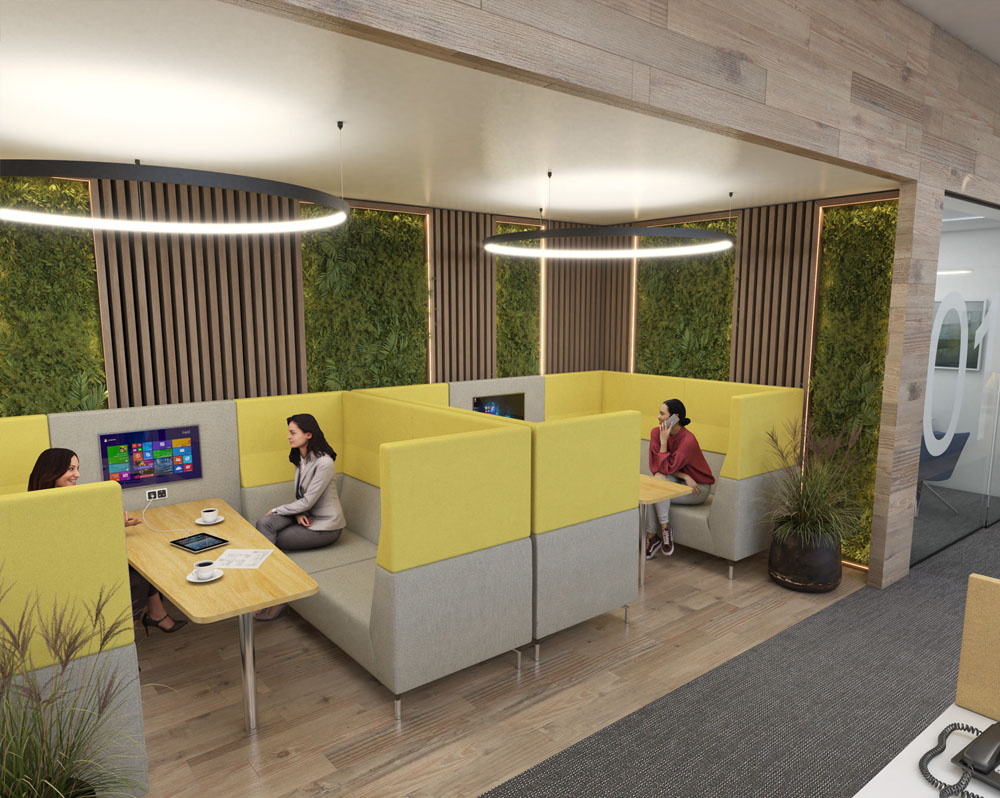 Social spaces meeting booths in two tone green and grey fabric, in a breakout area