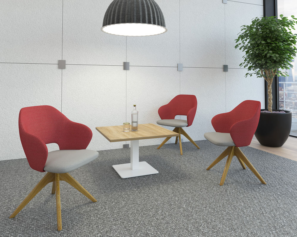 Social spaces meeting chairs in burgundy and grey fabric and a square coffee table