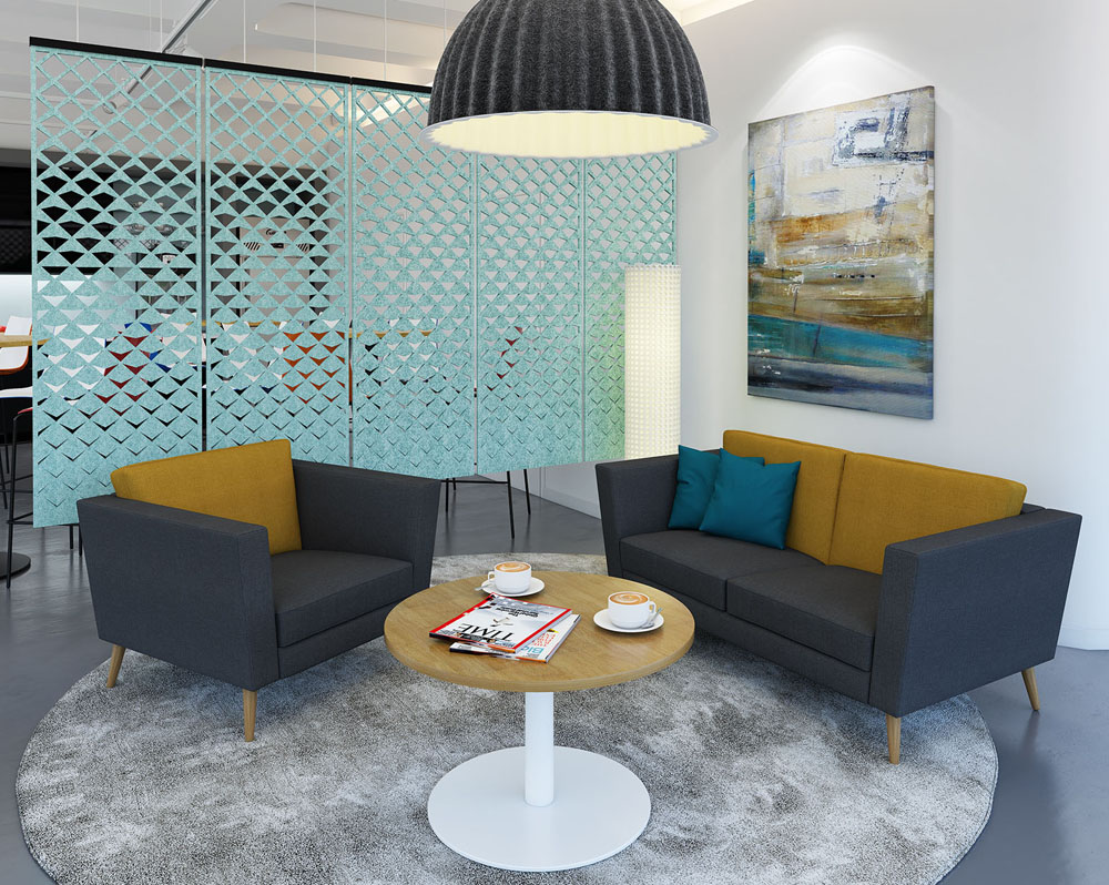 Social spaces sofa and armchair in dark blue fabric and a circular coffee table