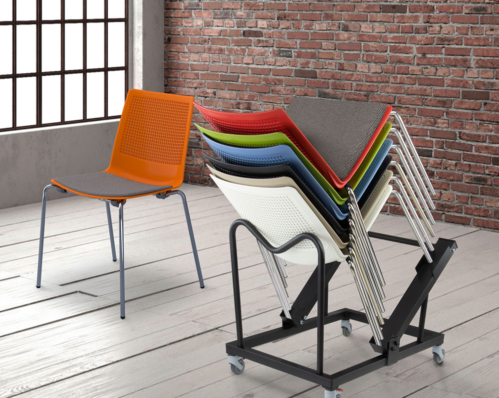 Social spaces stacking chairs in assorted colours, on a chair trolley