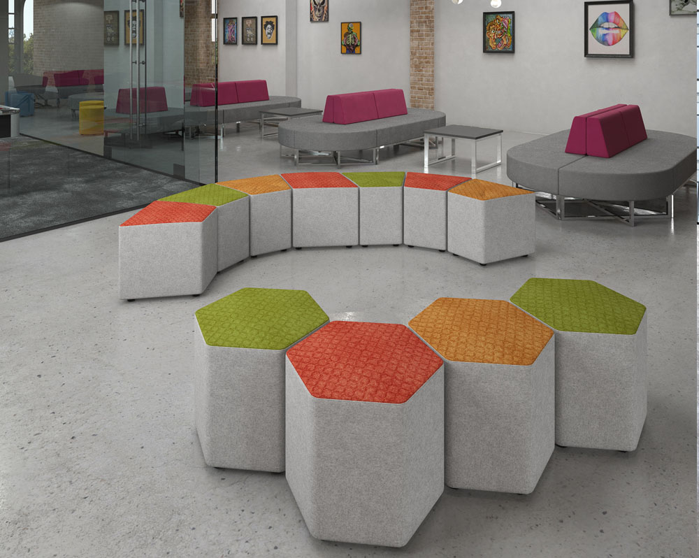 A range of social spaces upholstered stools in assorted fabrics