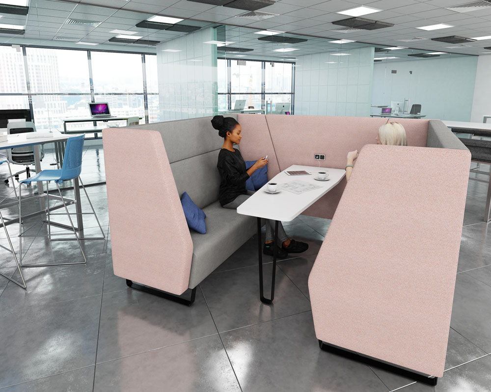 High back meeting booths in a modern workspace area