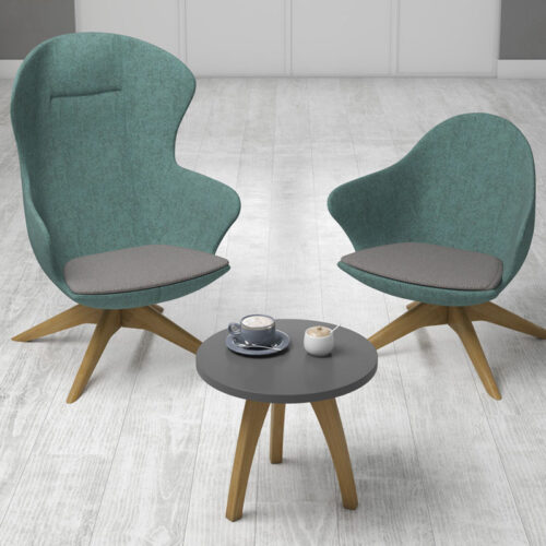 Soft seating lounge chairs and a small round coffee table