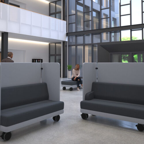 2 Mobile sofas in contrasting grey, in a reception area