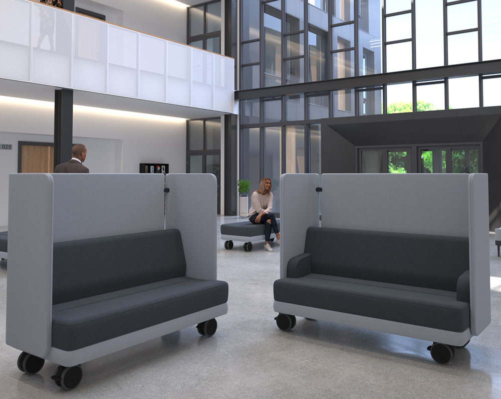 2 Mobile sofas in contrasting grey, in a reception area