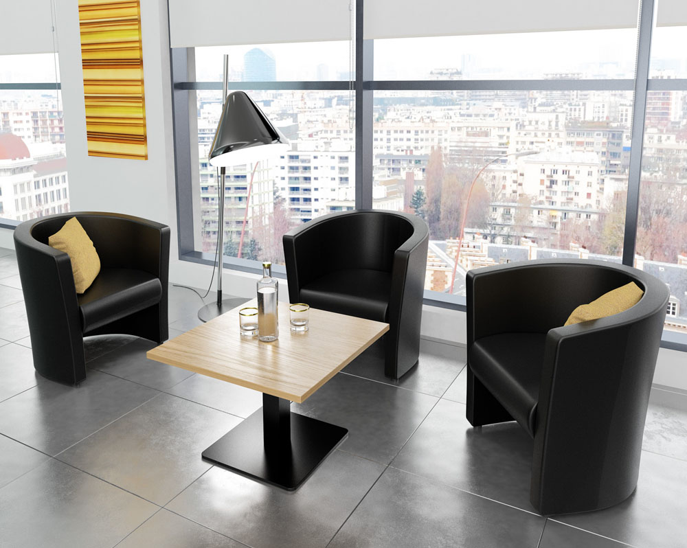 Three black leather tub chairs around a square coffee table