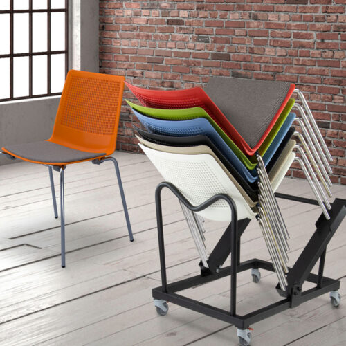 Stacking café and bistro chairs in assorted colours, stacked on to a chair trolley