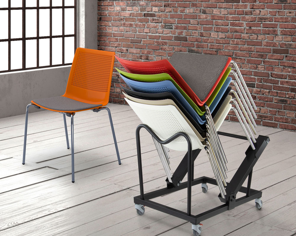 Stacking café and bistro chairs in assorted colours, stacked on to a chair trolley