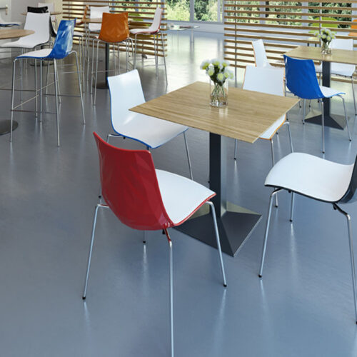 Stacking canteen chairs around a square canteen table