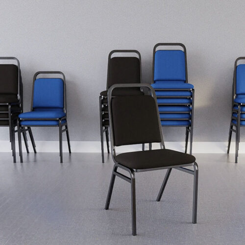 Stacking banqueting chairs in blue and black fabric