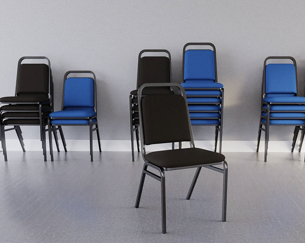 Stacking banqueting chairs in blue and black fabric