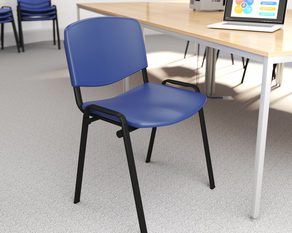 Stacking meeting chair with blue plastic seat and back