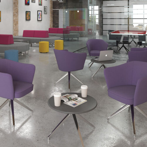 3 Swivel chairs in purple fabric around a small circular coffee table
